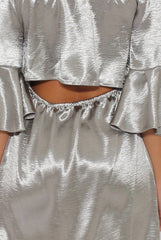 Grey Silver Metallic Bardot Bell Sleeve Open Back Dress - Cairo-Dresses