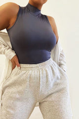 Grey Slinky Fabric High Neck Bodysuit - Daniella-Bodysuits