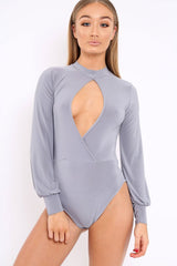 Grey Slinky Key Hole Wrap Front Bodysuit - Tazmin-Bodysuits