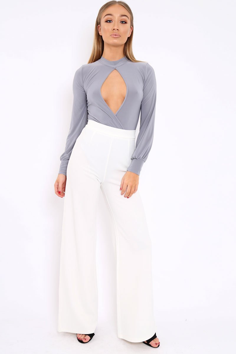 Grey Slinky Key Hole Wrap Front Bodysuit - Tazmin-Bodysuits