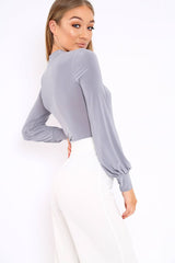 Grey Slinky Key Hole Wrap Front Bodysuit - Tazmin-Bodysuits