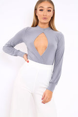 Grey Slinky Key Hole Wrap Front Bodysuit - Tazmin-Bodysuits
