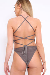 Grey Slinky Lace Up Back Bodysuit - Danella-Bodysuits
