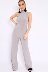 Grey Slinky Low Side Jumpsuit - Ivannah-Jumpsuits