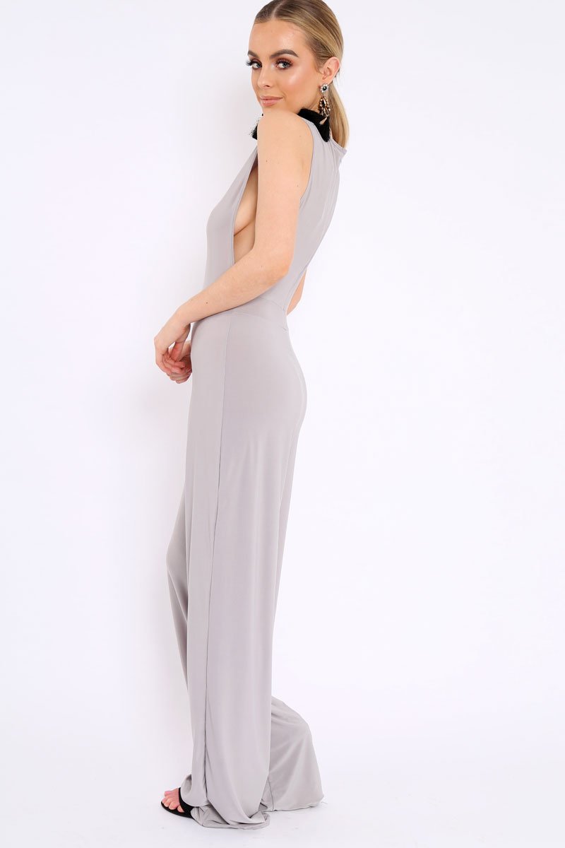 Grey Slinky Low Side Jumpsuit - Ivannah-Jumpsuits