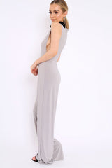 Grey Slinky Low Side Jumpsuit - Ivannah-Jumpsuits