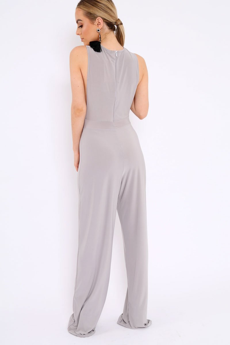 Grey Slinky Low Side Jumpsuit - Ivannah-Jumpsuits