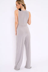 Grey Slinky Low Side Jumpsuit - Ivannah-Jumpsuits
