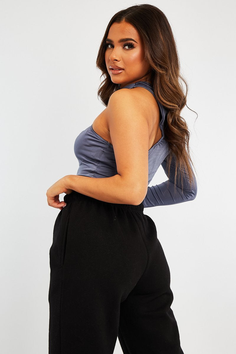 Grey Slinky One Sleeve Crop Top - Katara-Crop Tops