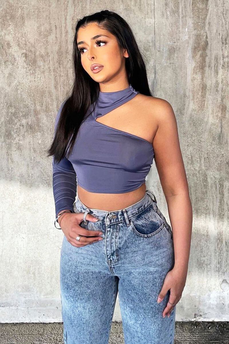 Grey Slinky One Sleeve Crop Top - Katara-Crop Tops