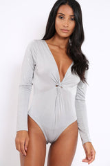 Grey Slinky Twist Front Bodysuit - Gretchen-Bodysuits