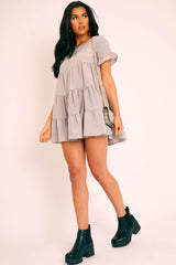 Grey Smock Tiered Frill Sleeve Mini Dress - Olah-Dresses