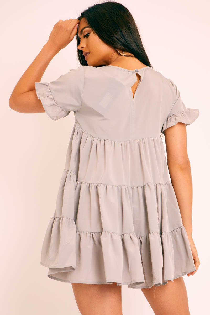 Grey Smock Tiered Frill Sleeve Mini Dress - Olah-Dresses