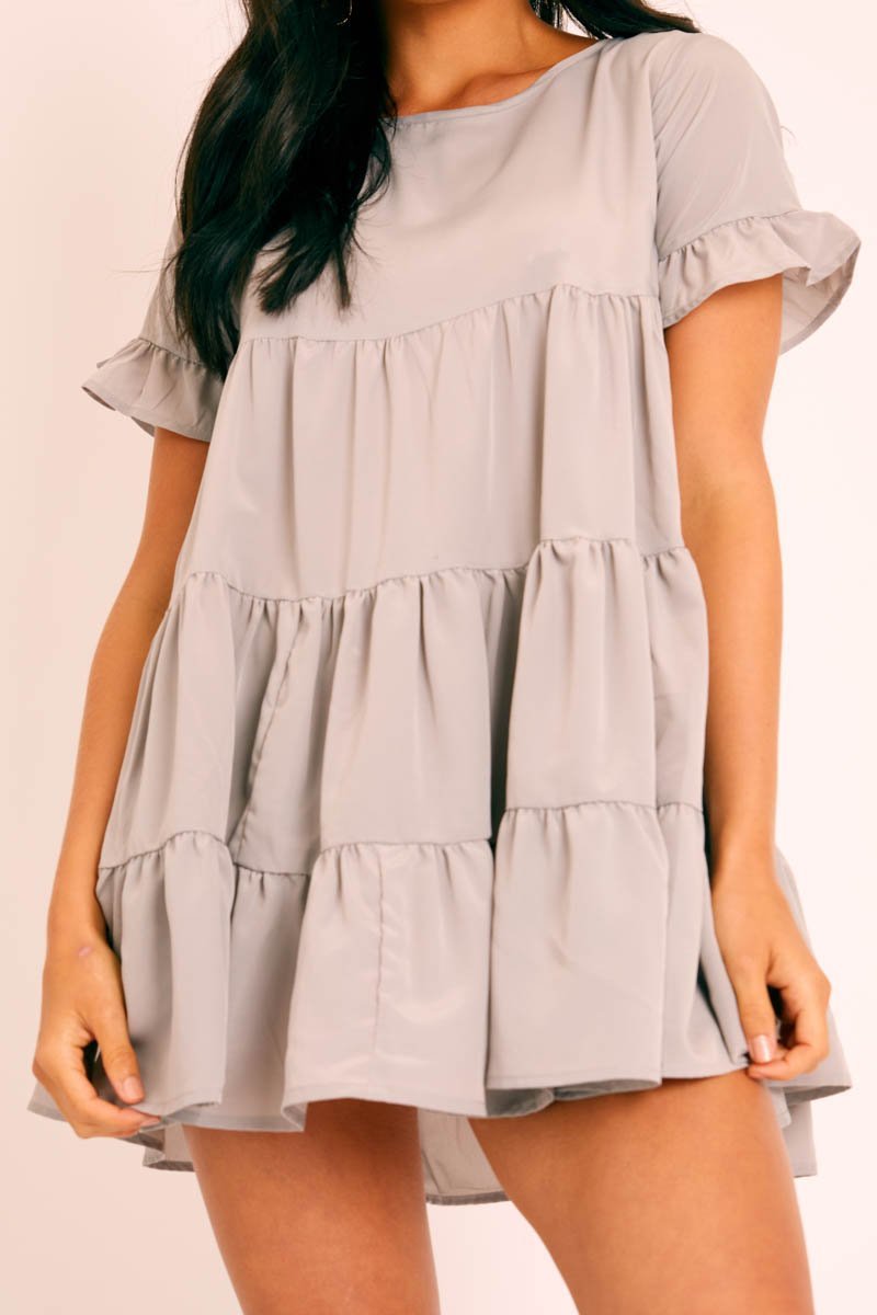 Grey Smock Tiered Frill Sleeve Mini Dress - Olah-Dresses