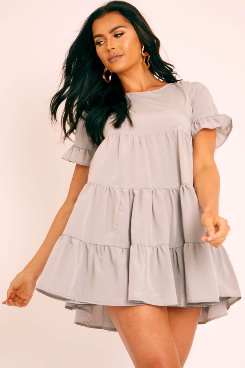 Grey Smock Tiered Frill Sleeve Mini Dress - Olah-Dresses