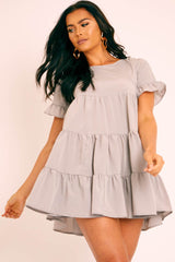 Grey Smock Tiered Frill Sleeve Mini Dress - Olah-Dresses