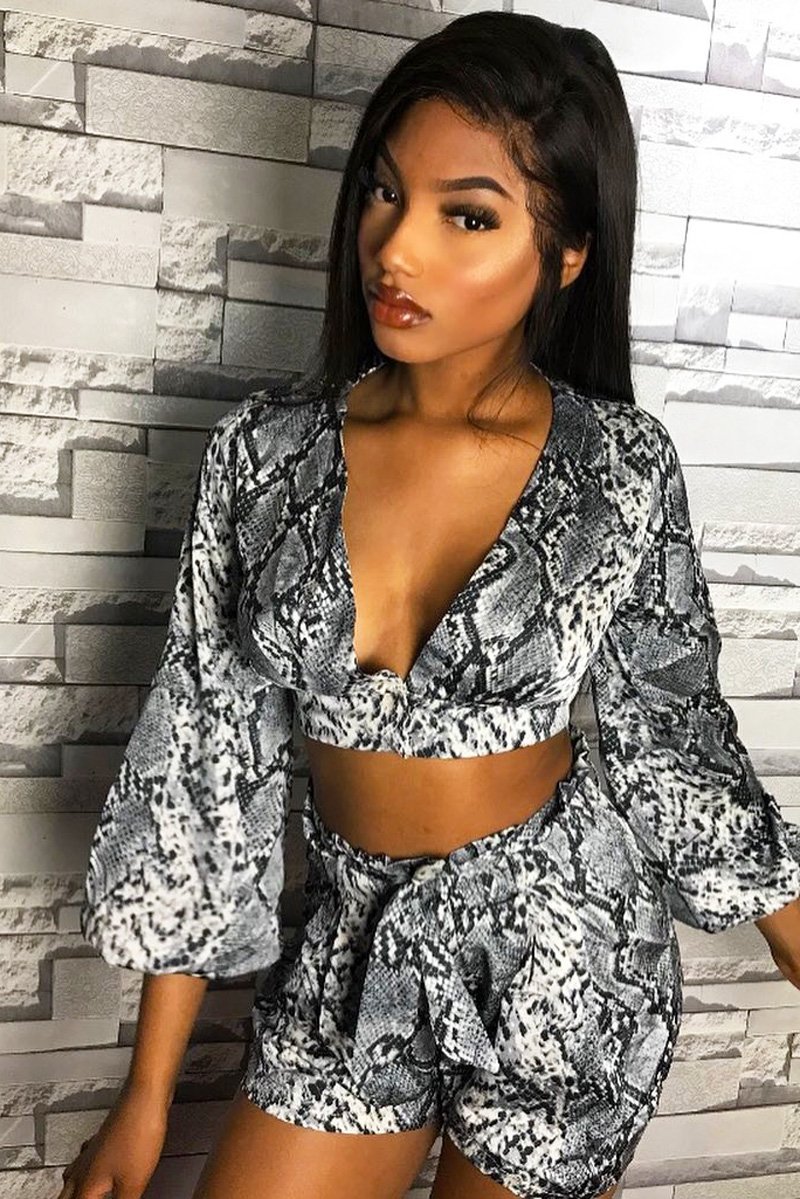 Grey Snake Blouse and Paper Bag Shorts Co-Ord - Jasly-Co-ords