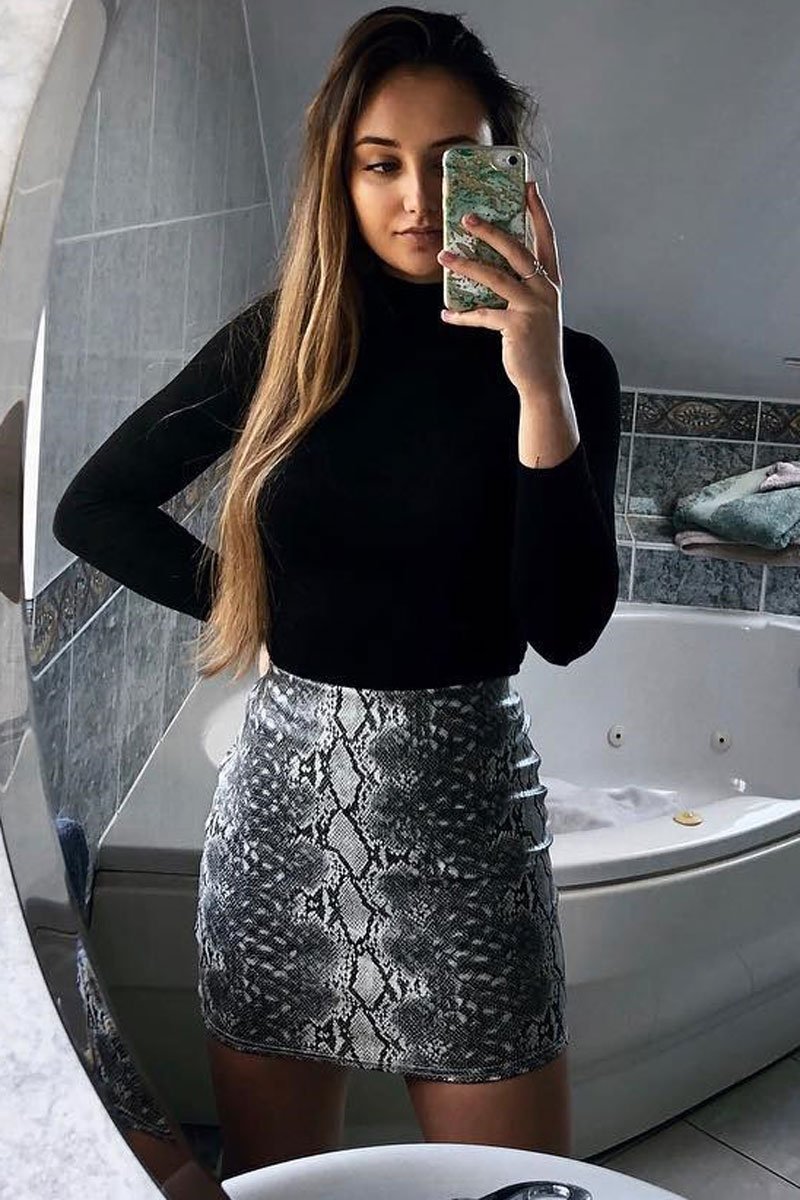 Grey Snake Faux Leather Mini Skirt - Enisa-Skirts