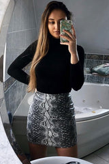 Grey Snake Faux Leather Mini Skirt - Enisa-Skirts