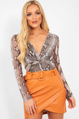 Grey Snake Plunge Sheer Sleeve Bodysuit - Ilianna-Bodysuits
