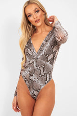 Grey Snake Plunge Sheer Sleeve Bodysuit - Ilianna-Bodysuits