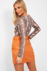 Grey Snake Plunge Sheer Sleeve Bodysuit - Ilianna-Bodysuits