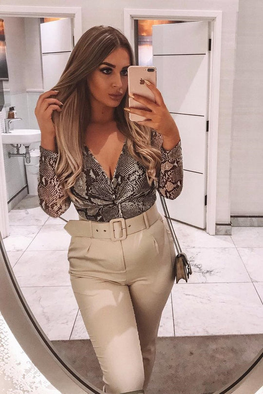 Grey Snake Plunge Sheer Sleeve Bodysuit - Ilianna