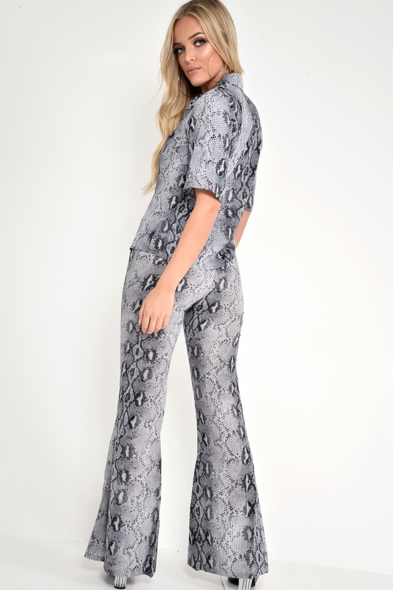 Grey Snake Print High Waisted Flare Trousers And Shirt Co-ord - Colynn-Co-ords