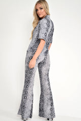 Grey Snake Print High Waisted Flare Trousers And Shirt Co-ord - Colynn-Co-ords