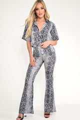 Grey Snake Print High Waisted Flare Trousers And Shirt Co-ord - Colynn-Co-ords