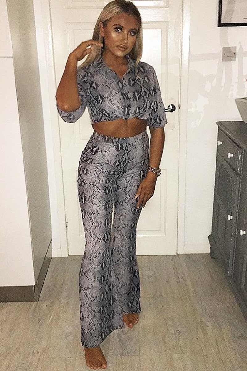 Grey Snake Print High Waisted Flare Trousers And Shirt Co-ord - Colynn-Co-ords