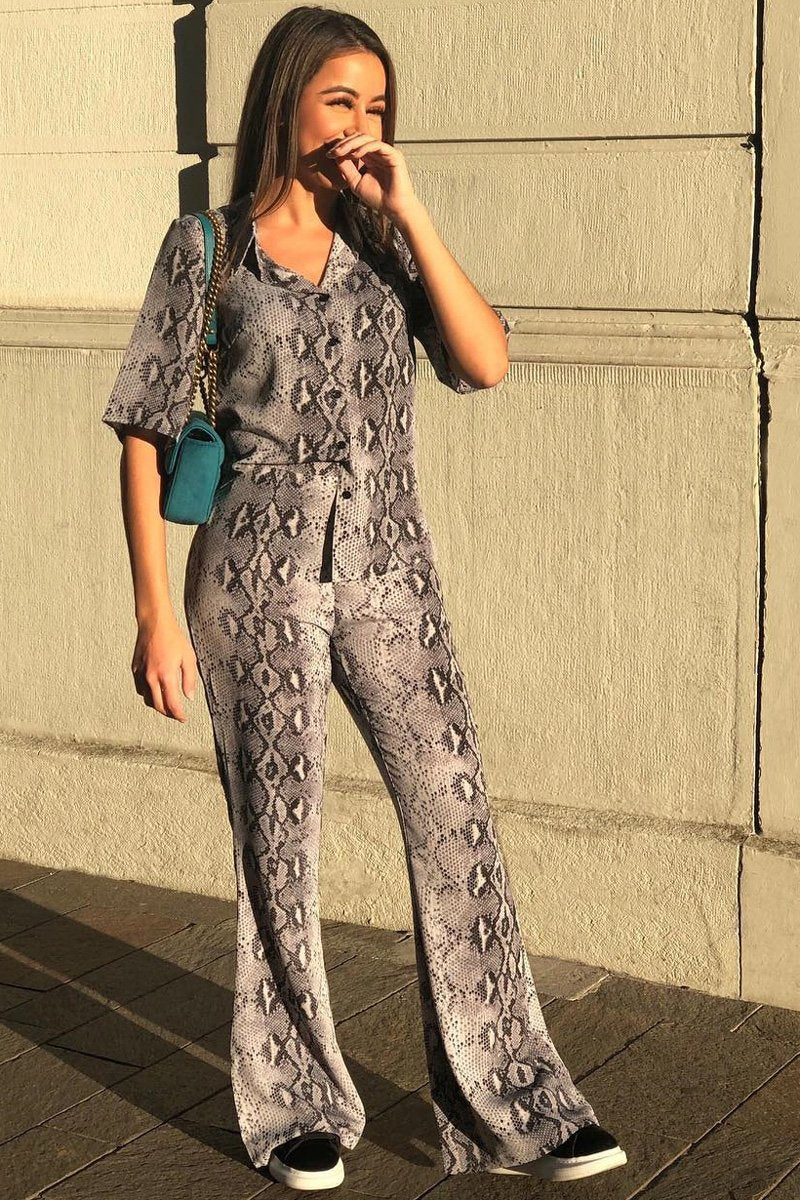 Grey Snake Print High Waisted Flare Trousers And Shirt Co-ord - Colynn-Co-ords