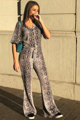 Grey Snake Print High Waisted Flare Trousers And Shirt Co-ord - Colynn-Co-ords