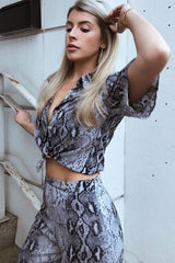 Grey Snake Print High Waisted Flare Trousers And Shirt Co-ord - Colynn-Co-ords