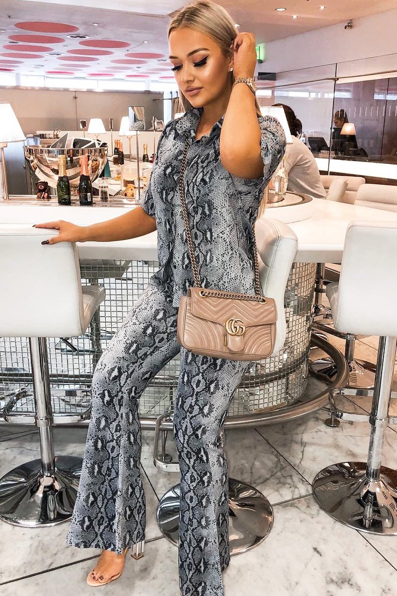 Grey Snake Print High Waisted Flare Trousers And Shirt Co-ord - Colynn-Co-ords