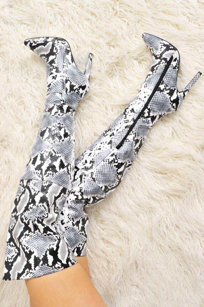 Grey Snake Print Knee High Boots - Janelle-Boots