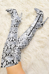 Grey Snake Print Knee High Boots - Janelle-Boots