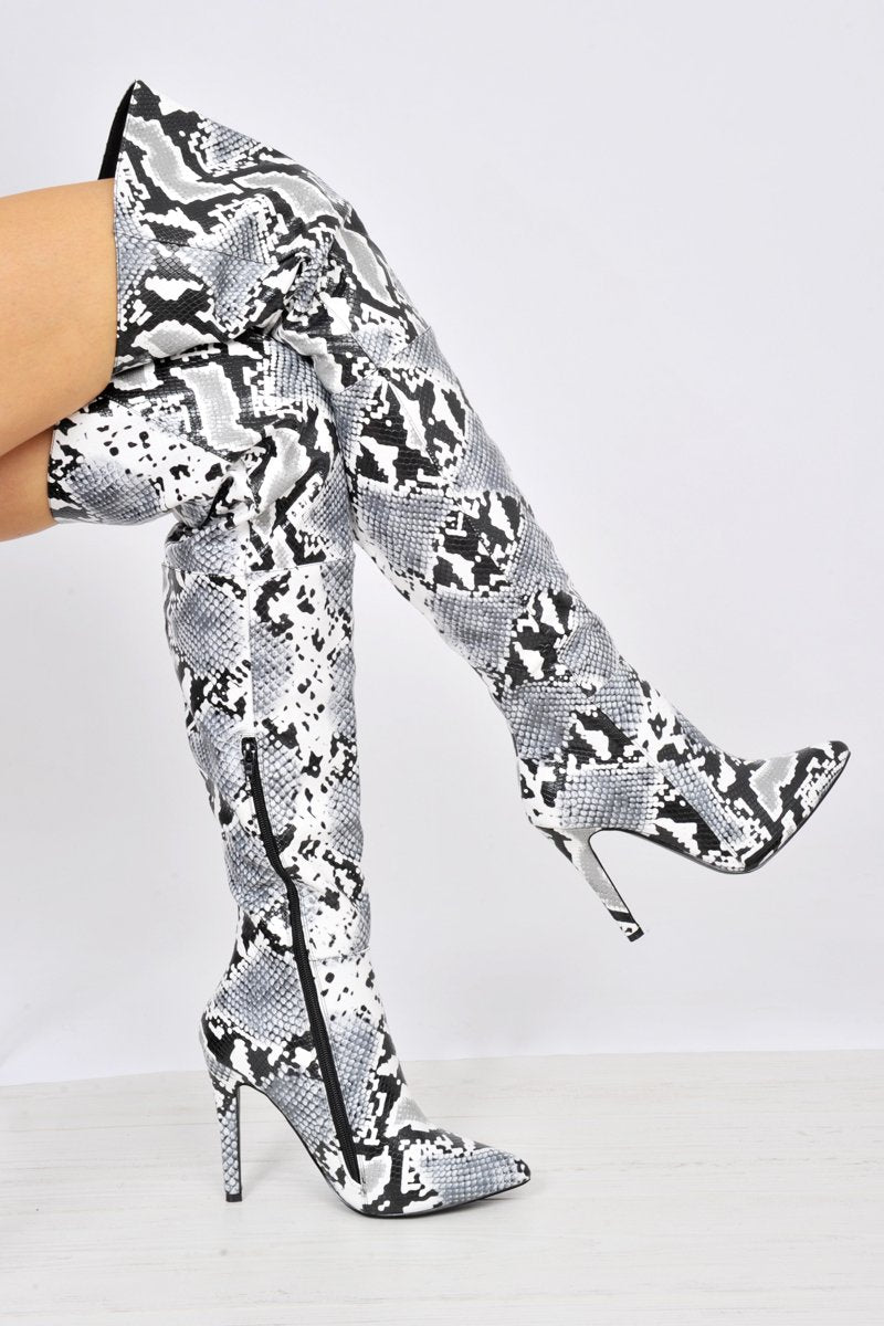 Grey Snake Print Knee High Boots - Janelle-Boots