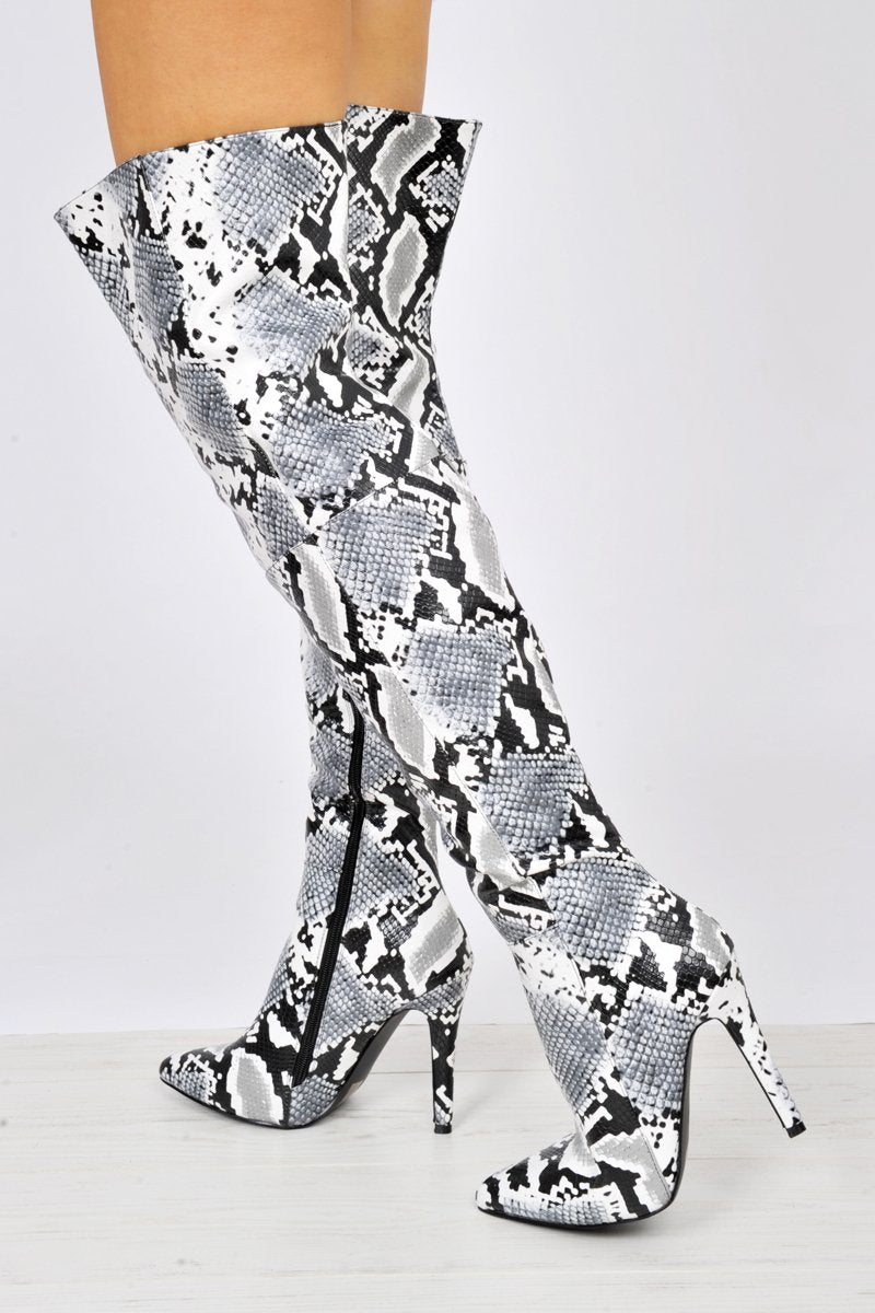 Grey Snake Print Knee High Boots - Janelle-Boots