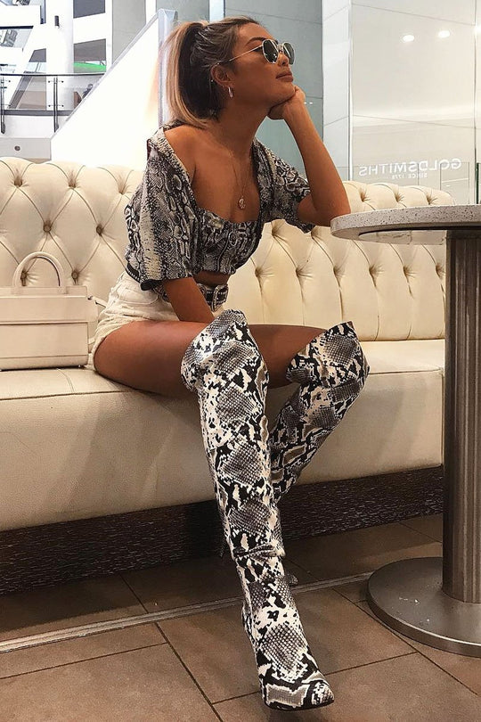 Grey Snake Print Knee High Boots - Janelle