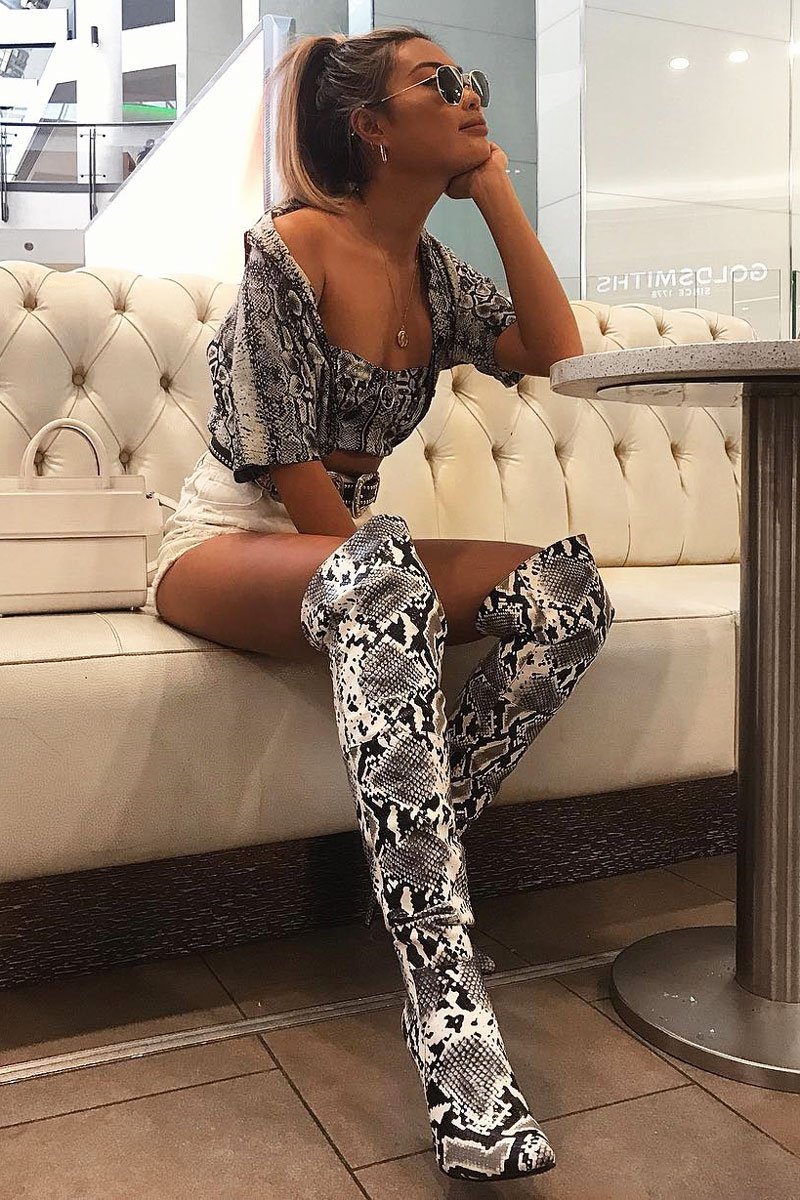 Grey Snake Print Knee High Boots - Janelle-Boots