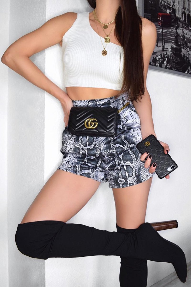 Grey Snake Print Paper Bag Waist Shorts - Lilybeth-Shorts