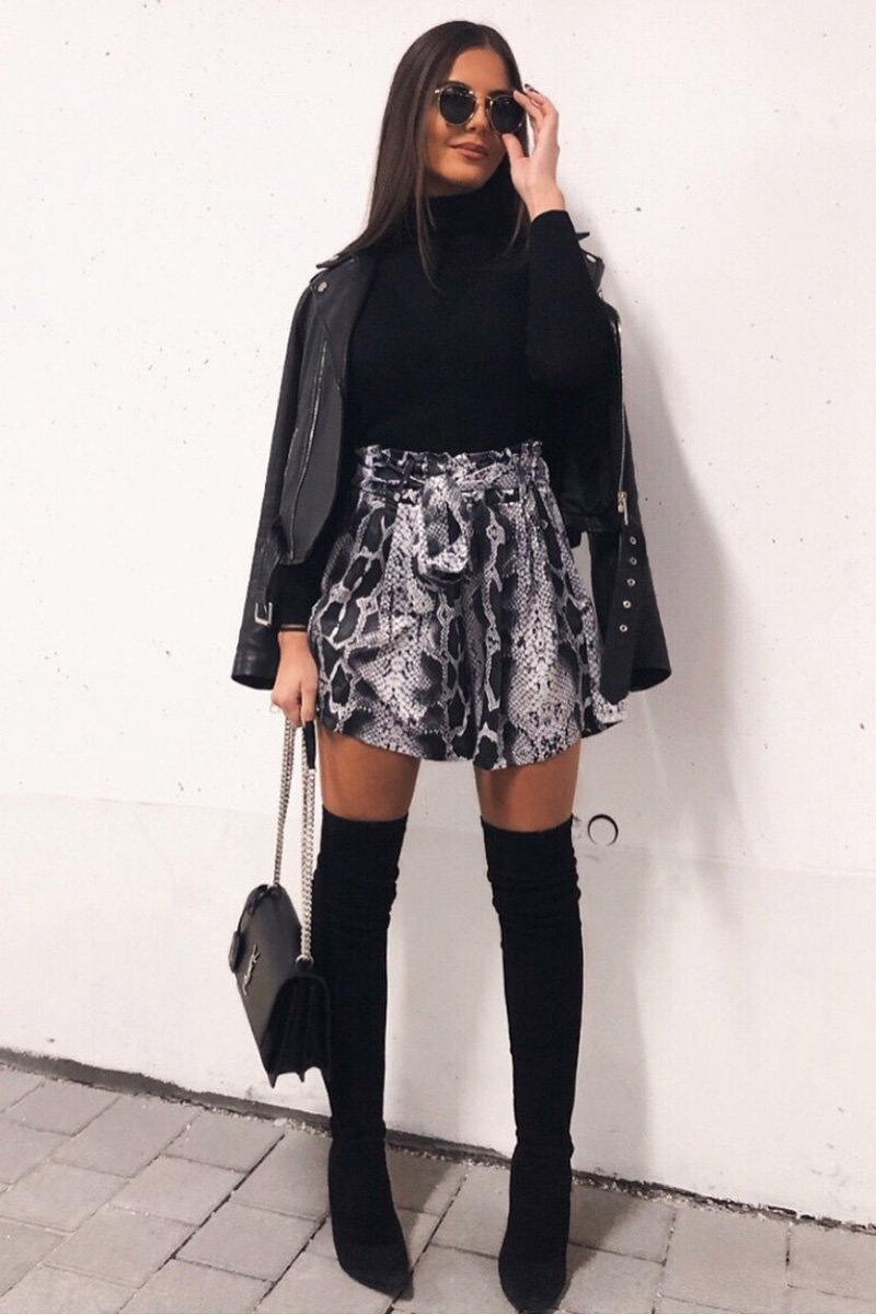 Grey Snake Print Paper Bag Waist Shorts - Lilybeth-Shorts