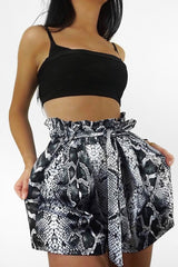 Grey Snake Print Paper Bag Waist Shorts - Lilybeth-Shorts