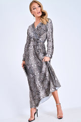 Grey Snake Print Plunge Belted Maxi Dress - Abela-Dresses