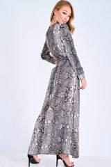 Grey Snake Print Plunge Belted Maxi Dress - Abela-Dresses