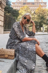 Grey Snake Print Plunge Belted Maxi Dress - Abela-Dresses