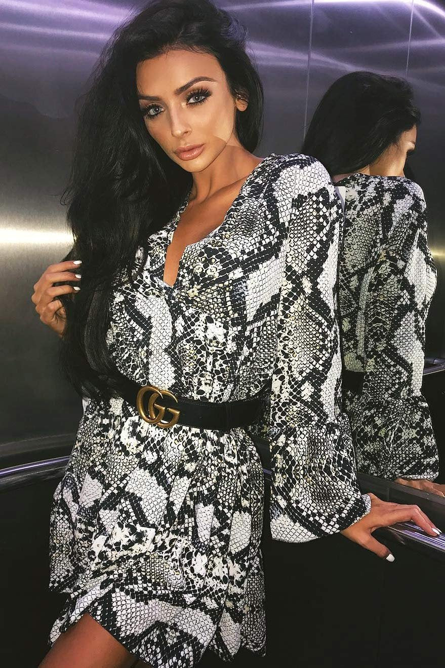 Grey Snake Print Plunge Flute Sleeve Shift Dress - Olesya-Dresses