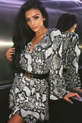 Grey Snake Print Plunge Flute Sleeve Shift Dress - Olesya-Dresses