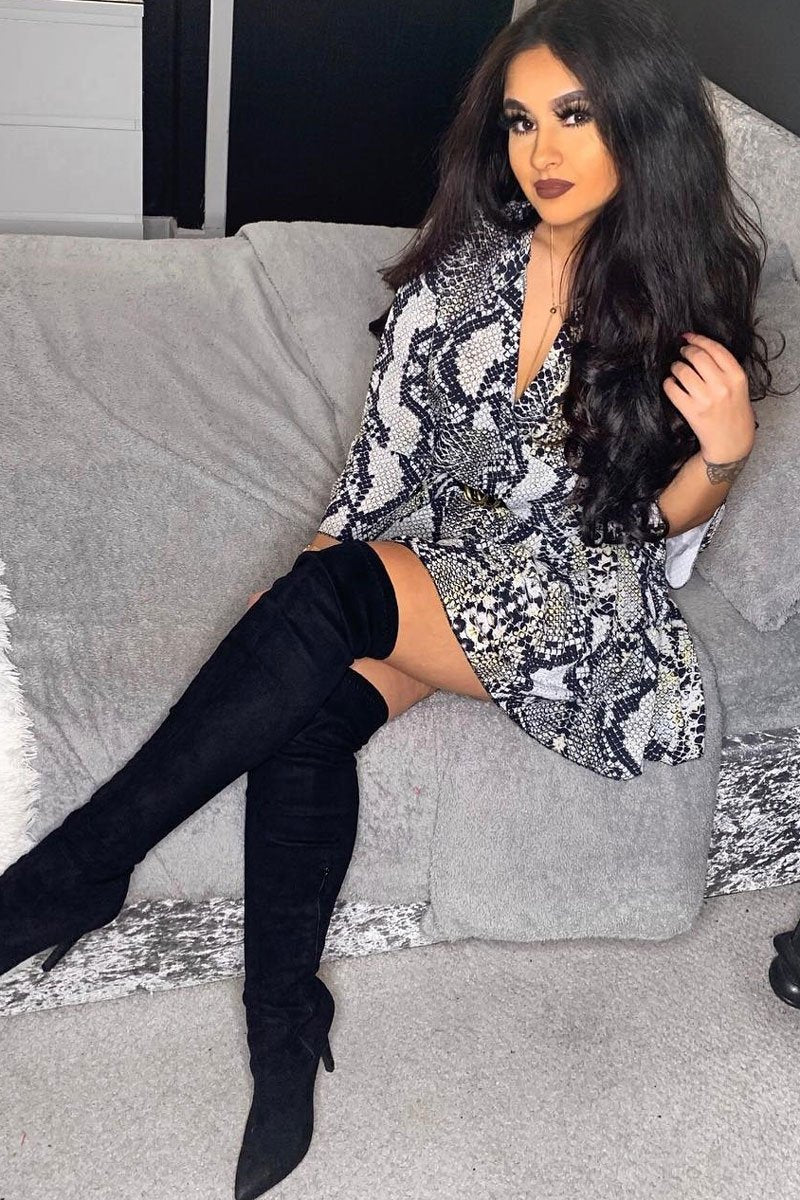 Grey Snake Print Plunge Flute Sleeve Shift Dress - Olesya-Dresses